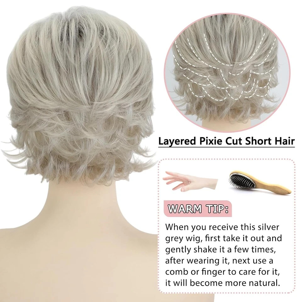 Short Pixie Cut Ombre Silver Grey Curly Wigs for White Women Fluffy Layered