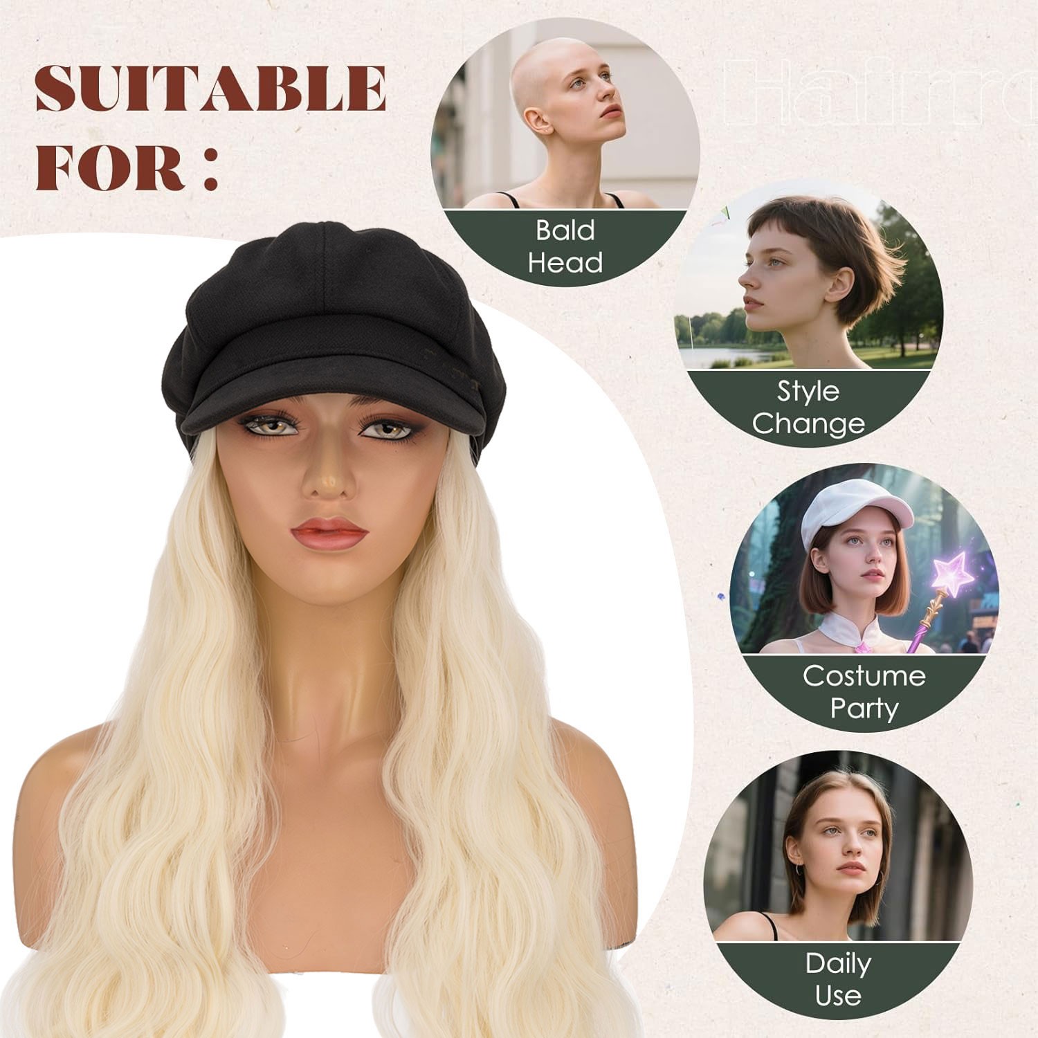 Fashion Wavy Hair Extensions With Attached Black Beret Hat Synthetic Hairpiece M