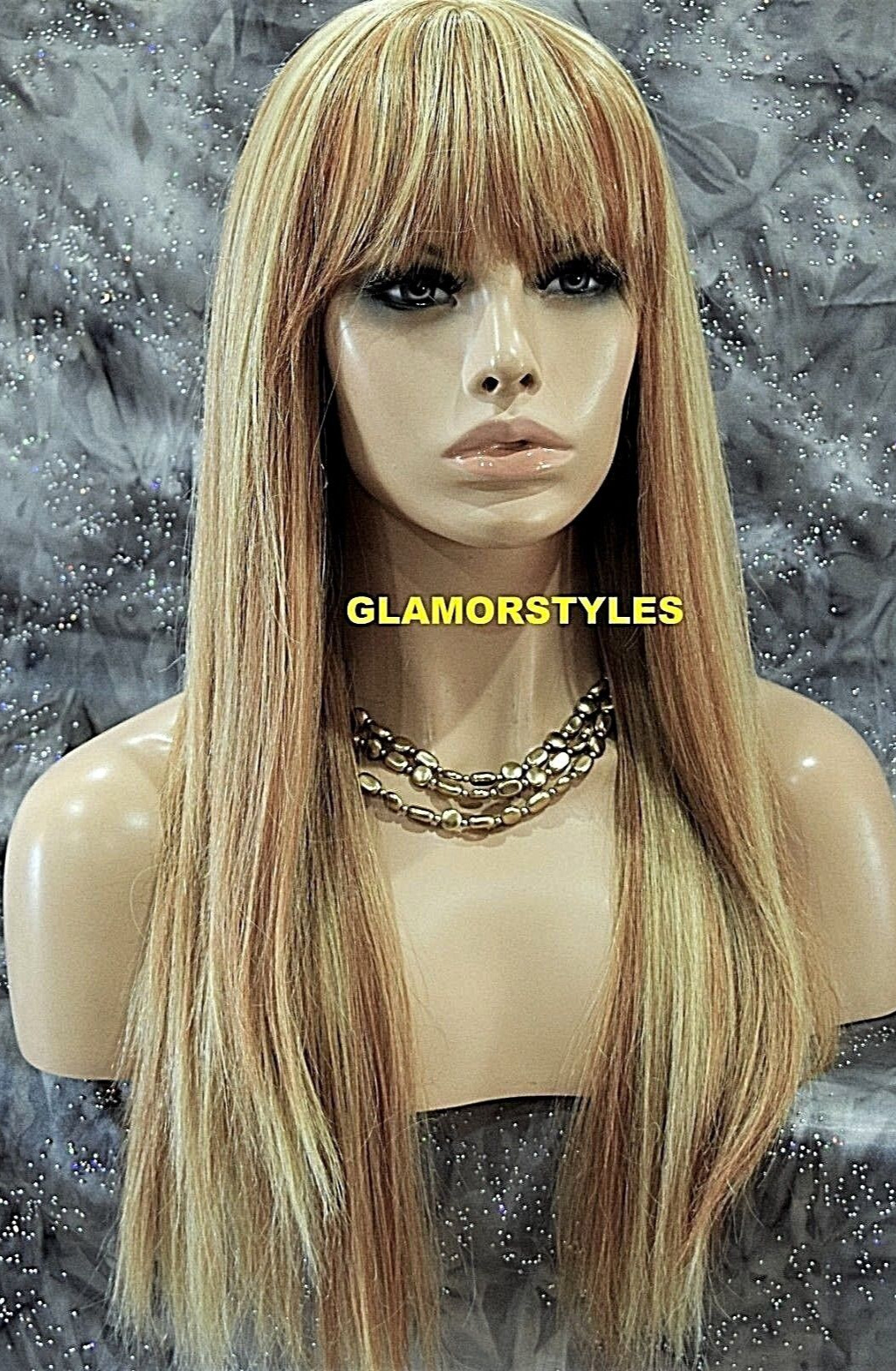 FULL WIG LONG LAYERED STRAIGHT WITH BANGS MEDIUM BLONDE MIX HEAT OK #F27.613 NWT