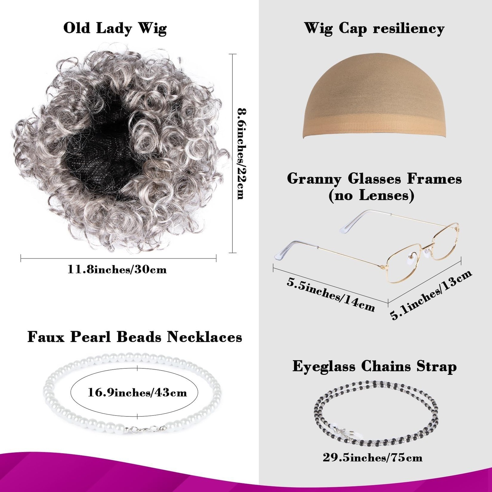 Granny Wig Old Lady Costume Set Elderly Woman Accessories Fun Wigs Light Gray