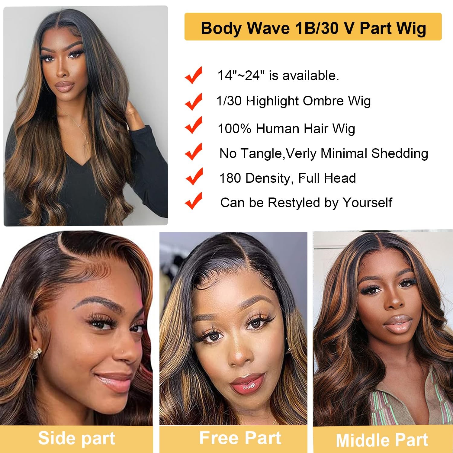 draconenee V Part Wig Human Hair Body Wave 1B/30 Highlight Ombre Wigs for Black