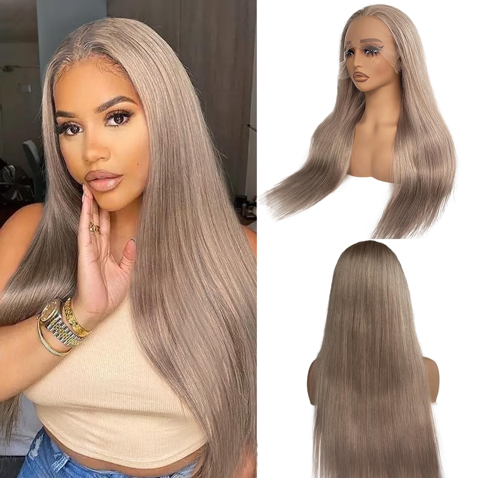 Belaved Ash Blonde Wigs Human Hair 13X6 Lace Front 18Inch Hd Wig Straight Grey