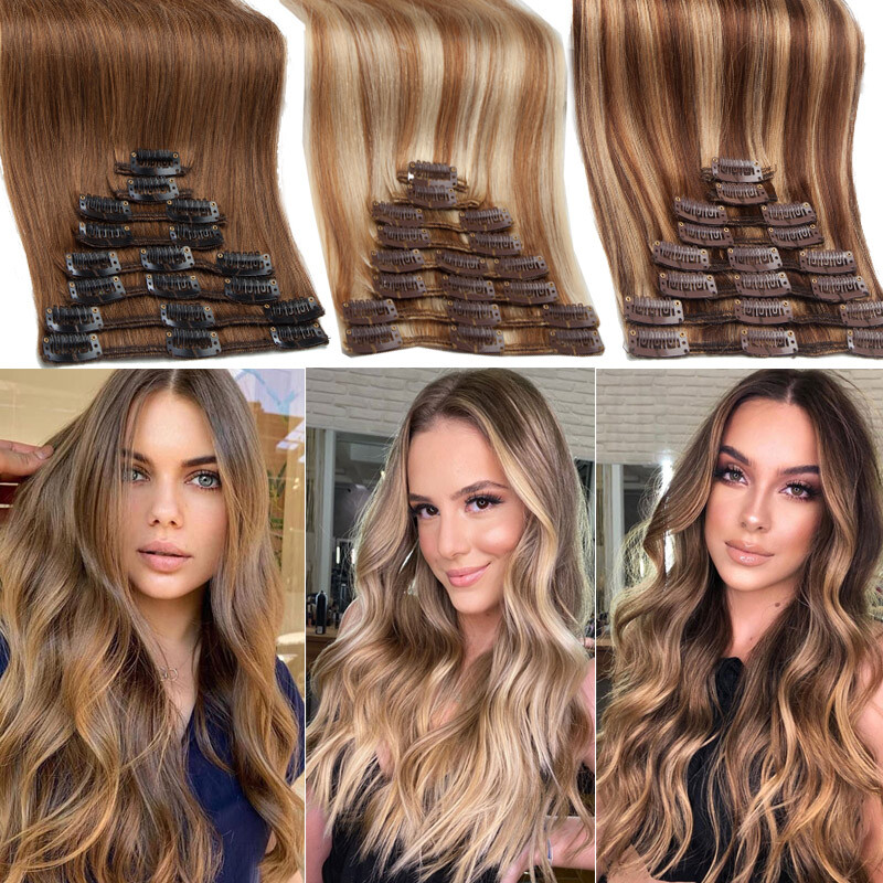 CLEARANCE Ombre Clip In 100% Real Human Hair Extensions Weft 8 Pieces Full Head