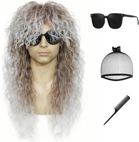 Rock Wig for 80s Costume Men and Women Curly Wavy Rocker Wig with Bangs Hippie P