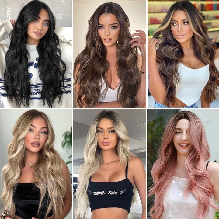 Long Ombre Green Wavy Wig for Women 26 Inch Middle Part Curly Wavy Wig Natura…
