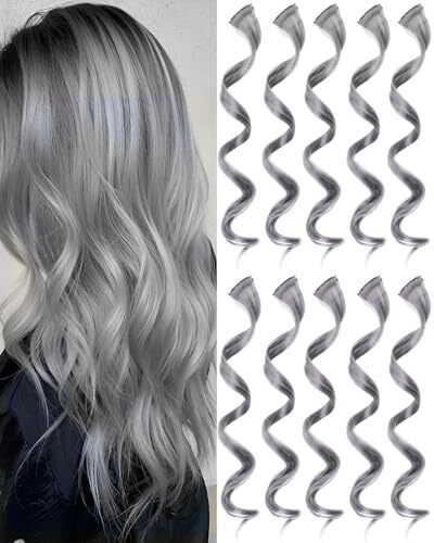 10 PCS Grey Hair Extensions, Curly Wavy Synthetic Hairpieces Clip 10 PCS-Grey