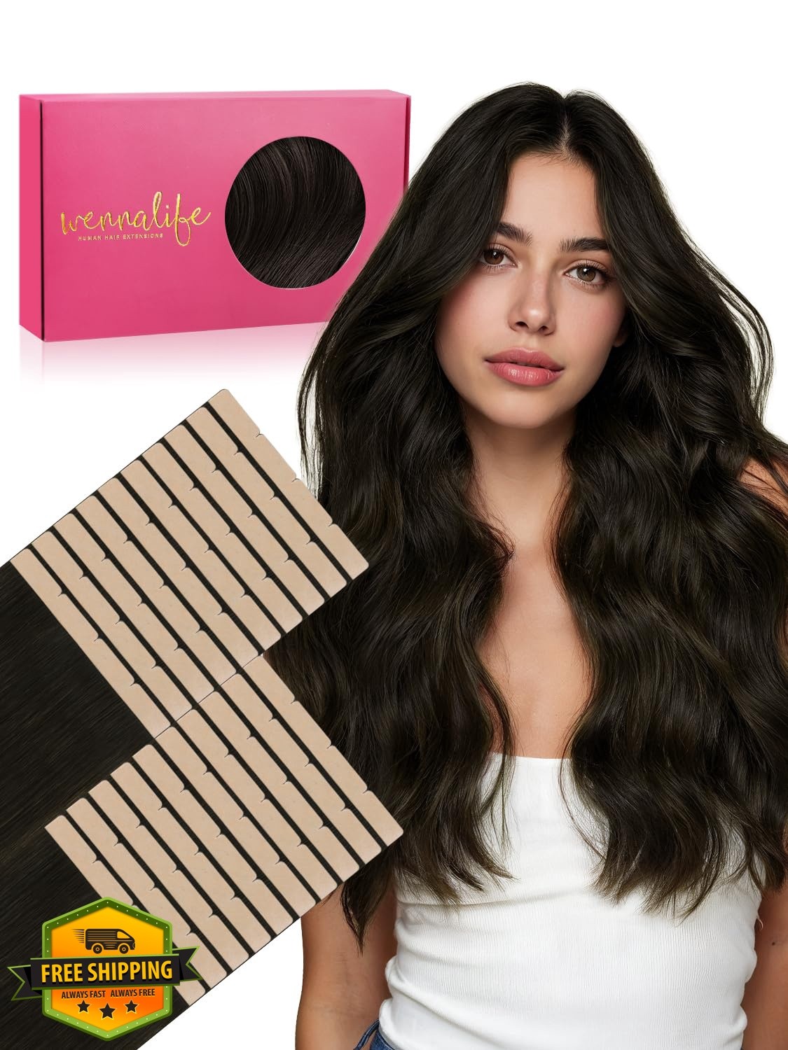 Wennalife Tape Hair Extensions 14″ 100g #1B Natural Black
