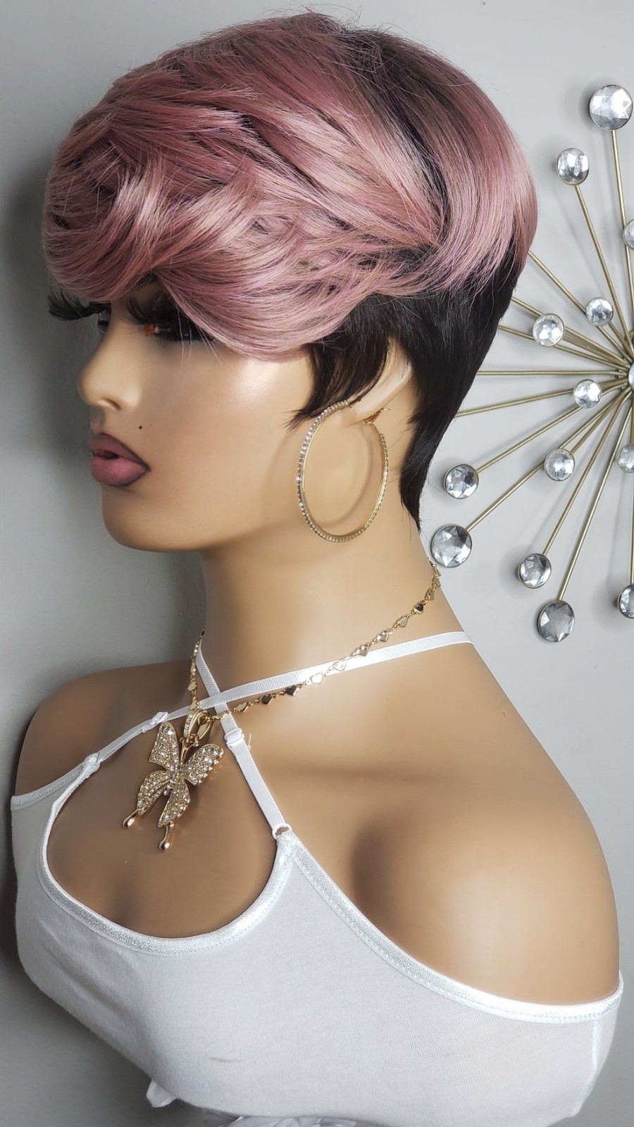 New Short Cut Pixie Style Full Cap Wig Pink Black 2 Tone Style Womens Hair Wigs