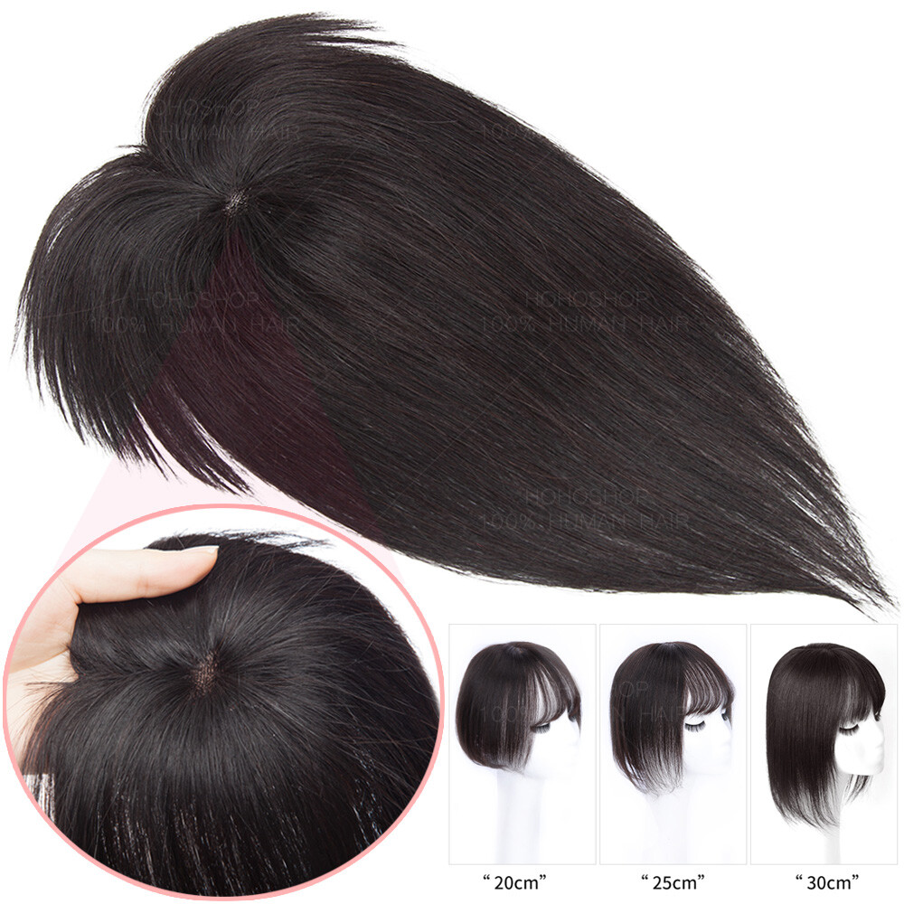 Women 100% Remy Human Hair Mono Topper With Bangs Clip In Hairpiece Toupee Wigs