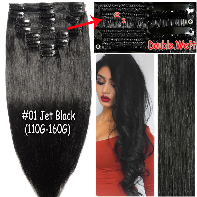 THICK Double Weft Real Remy Human Hair Extensions Clip In Full Head 8piece Brown
