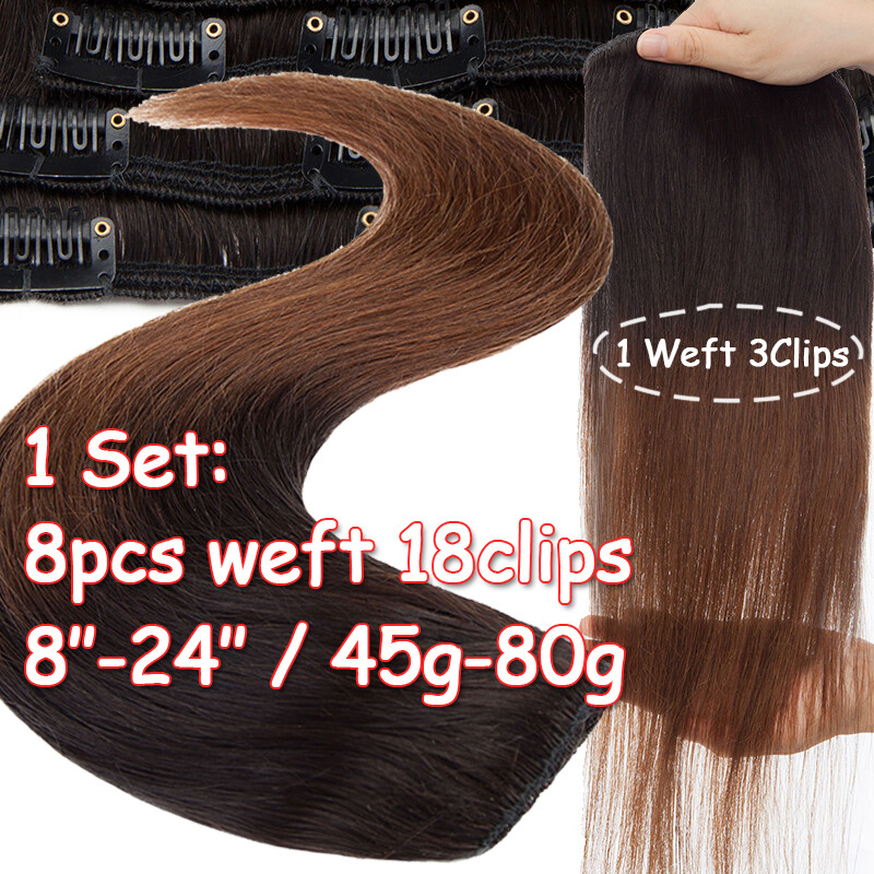 CLEARANCE Clip In Human Hair Extensions Real Remy Hair 8Pieces 18Clips Full Head