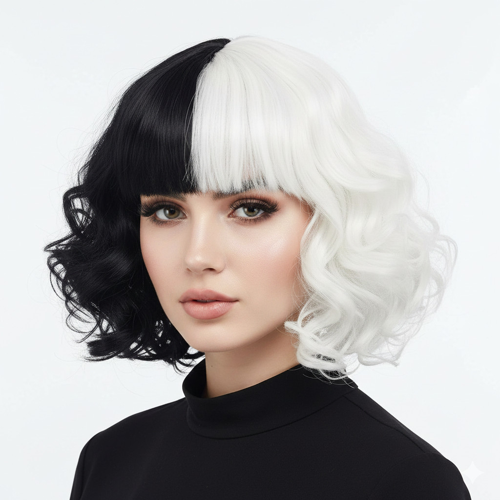 H2T Short Half Black White Wig wavy bangs cosplay stage teen girl woman costume