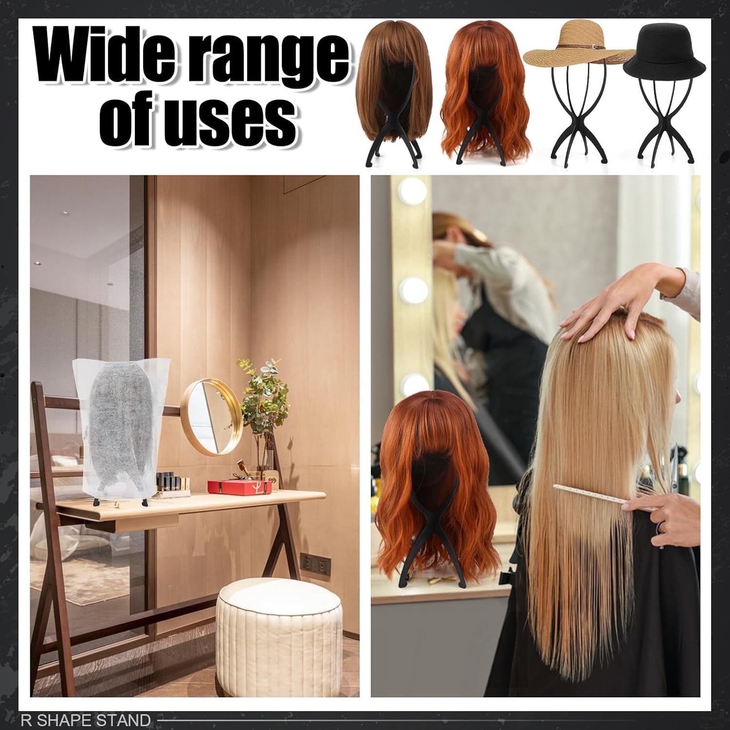 2 Pack Wig Stand with 2Pcs Dust Bag, Travel Head Holder Black