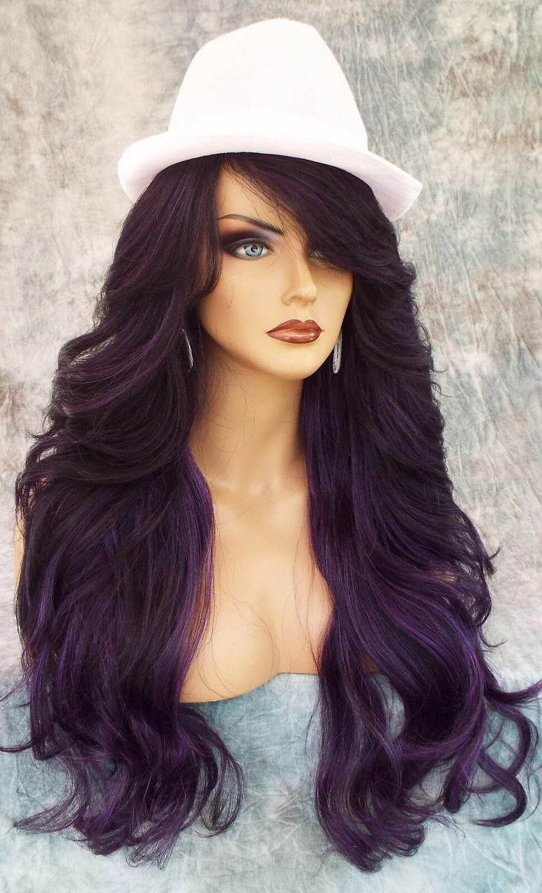 28″ WAVY HEAT FRIENDLY WIG CLR SOM DARK PURPLE GORGEOUS SEXY LONG THICK USA 421