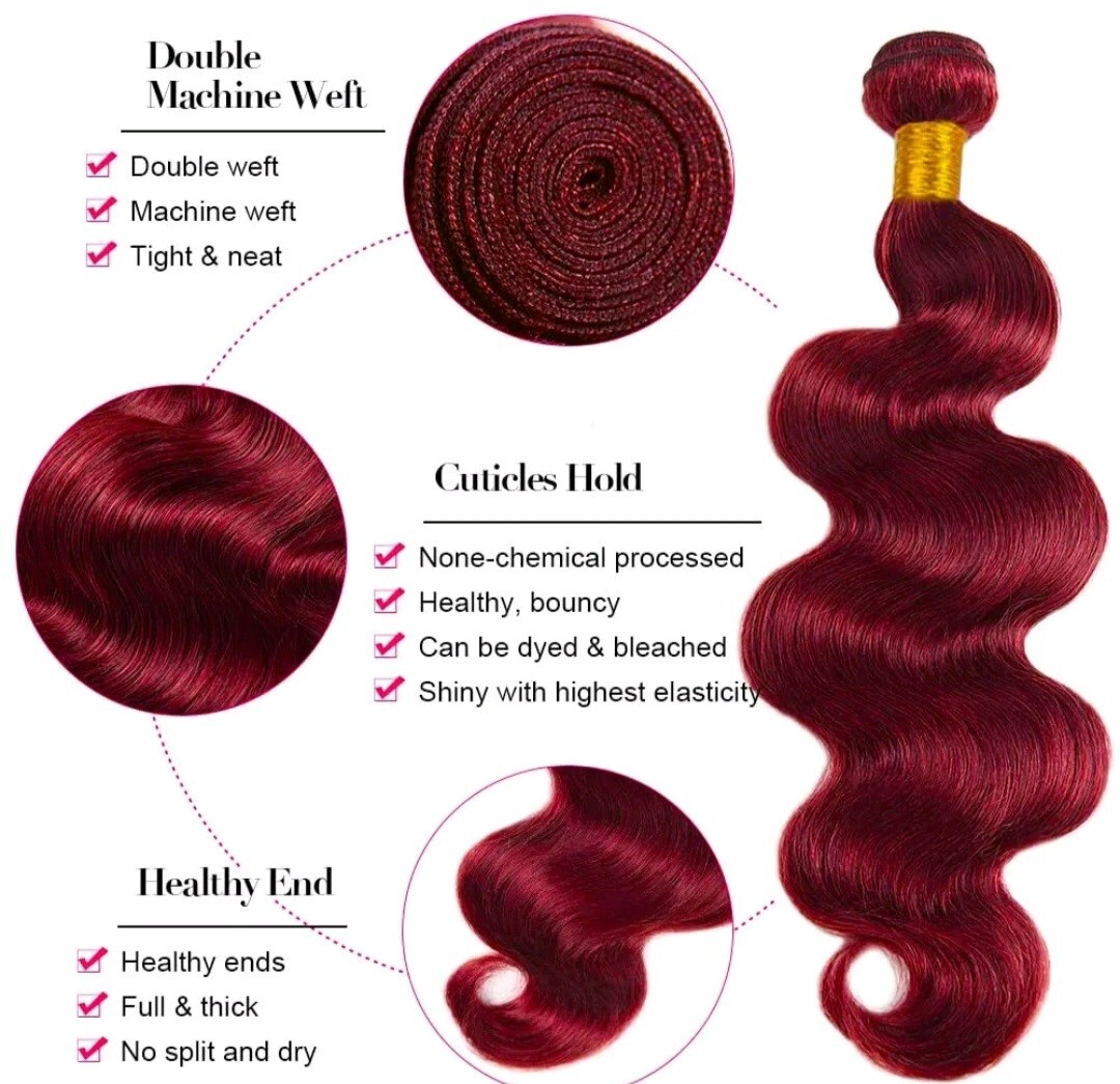 12A BRAZILIAN VIRGIN HUMAN HAIR 99J BURGUNDY WINE 20+20+20INCHES 300g BODY WAVES