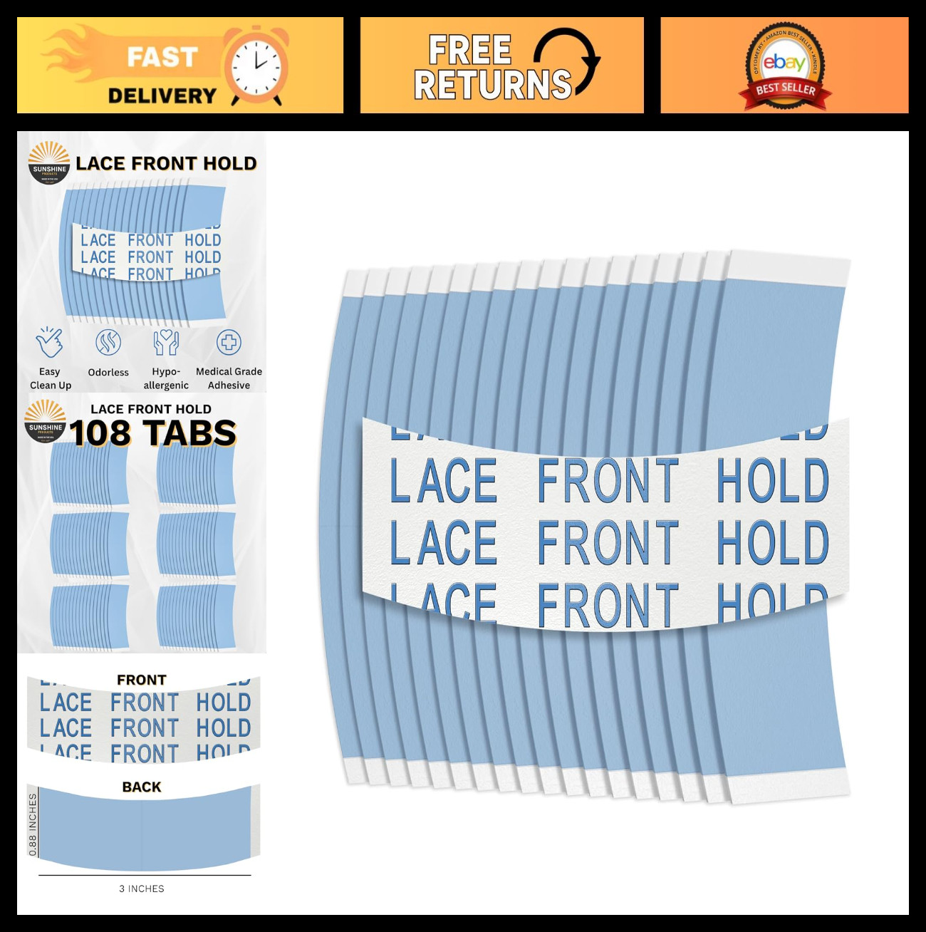 Premium Blue Lace Front Wig Tape – 108 Double-Sided Hair Strips, Strong Hold, Wa