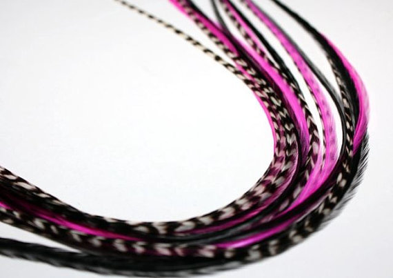 Feather hair extension Hot Pink & black 5 Feathers bonded together at the tip