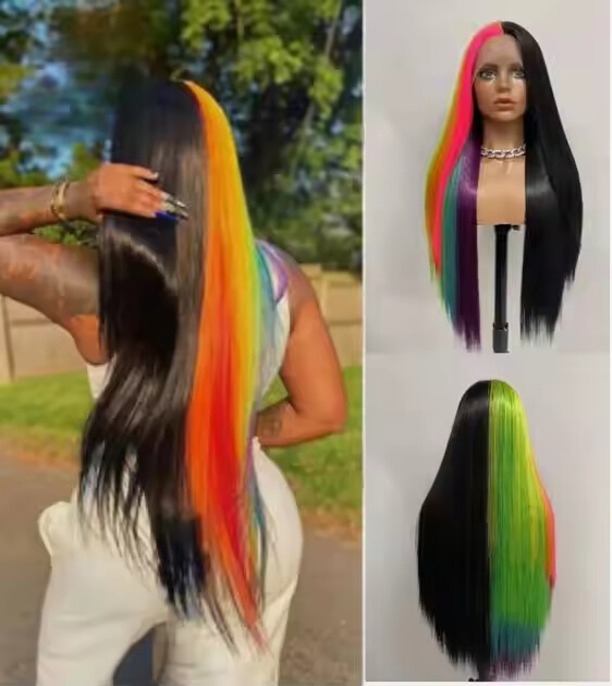 Half Rainbow Half Black Synthetic Lace Front Long Straight Hair Party Wigs 24in