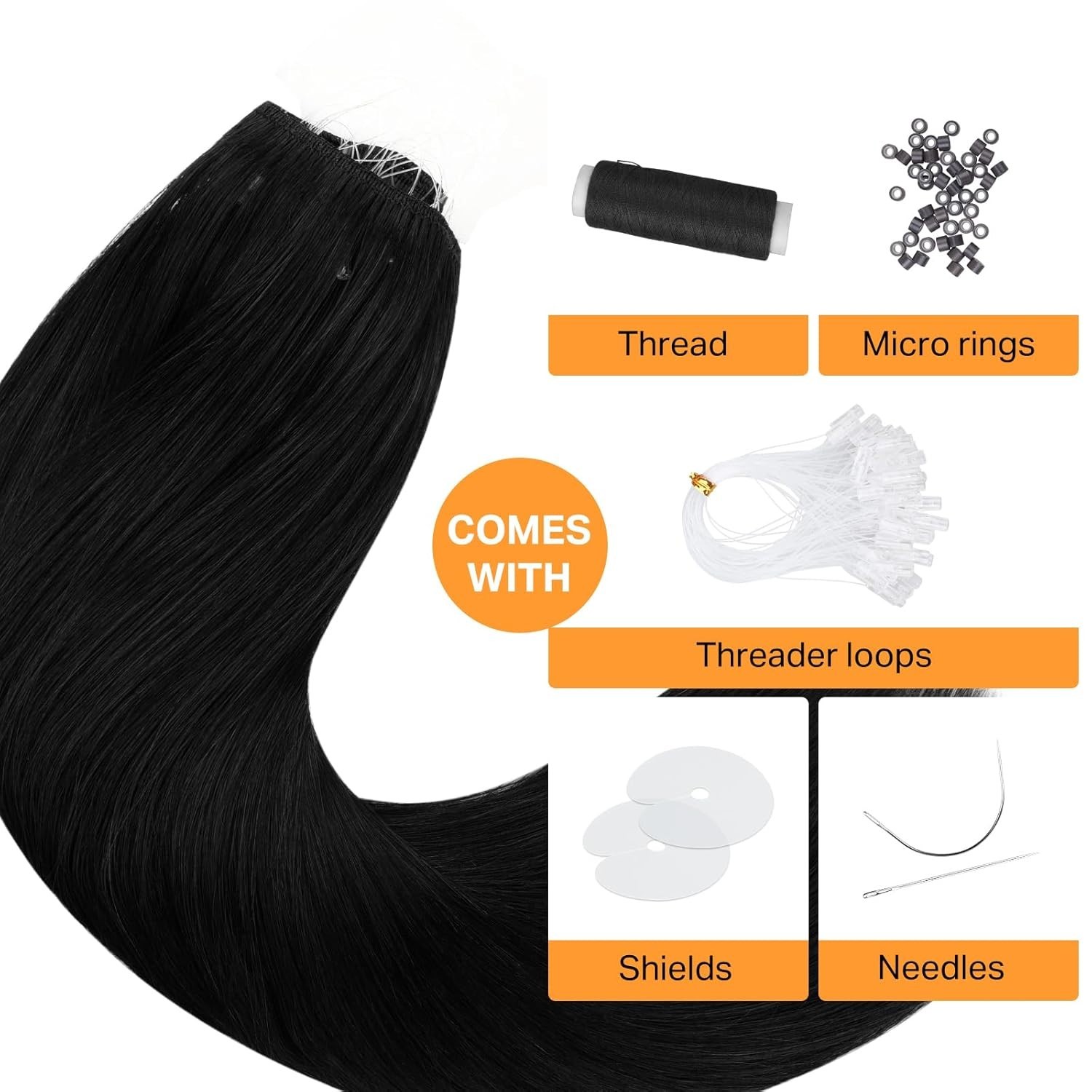 Micro Beaded Weft Soft & Smooth Human Hair Extensions 16 Inch #1 Jet Black 100g