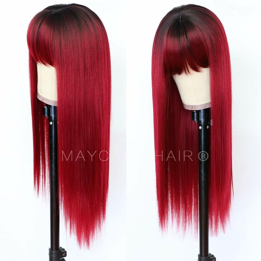 Long Ombre Red Synthetic Hair Wigs Full Bangs Heat Resistant Cosplay Party Wig