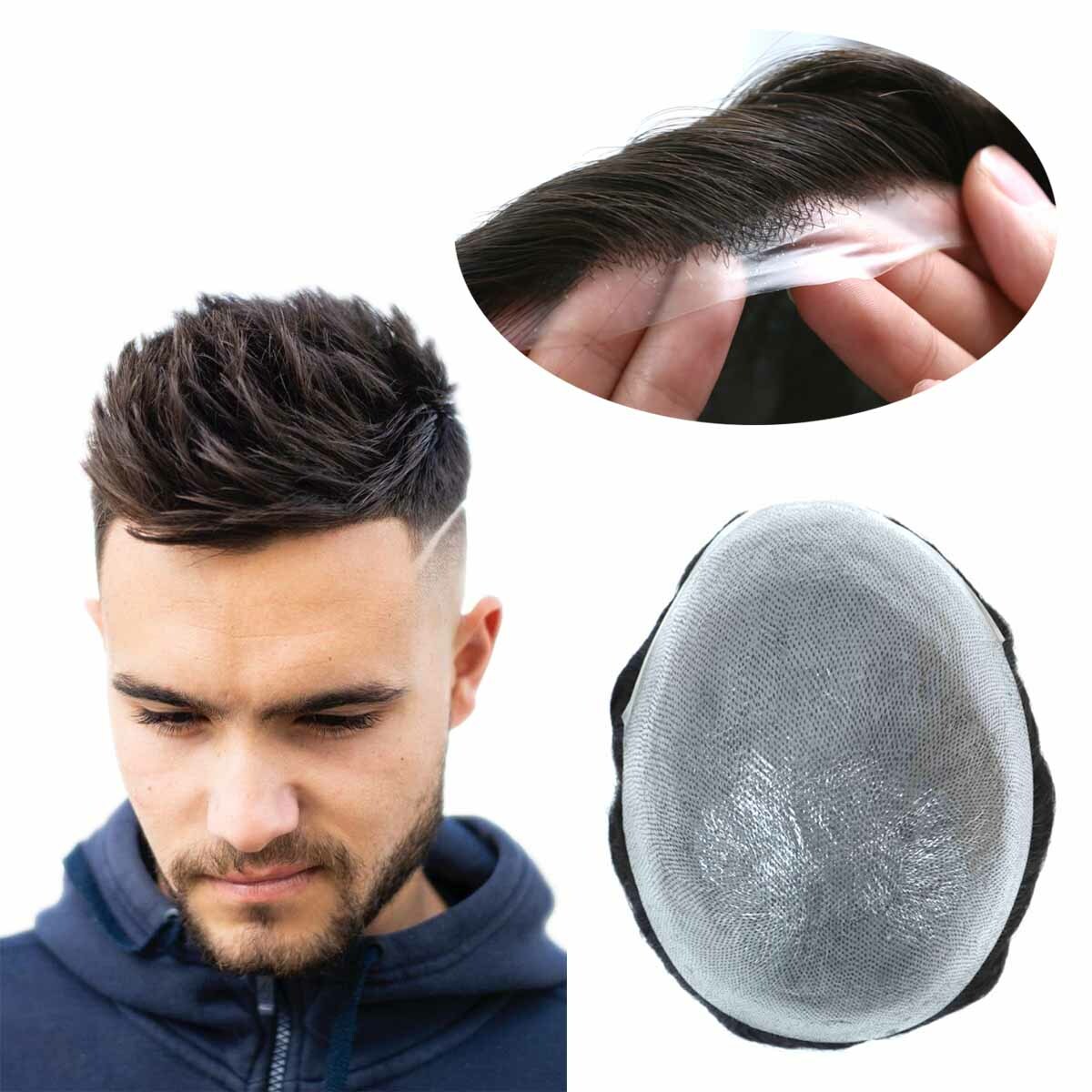 Super Mens Thin Skin Human Hair Replecement System Natural Hairline Hairpieces