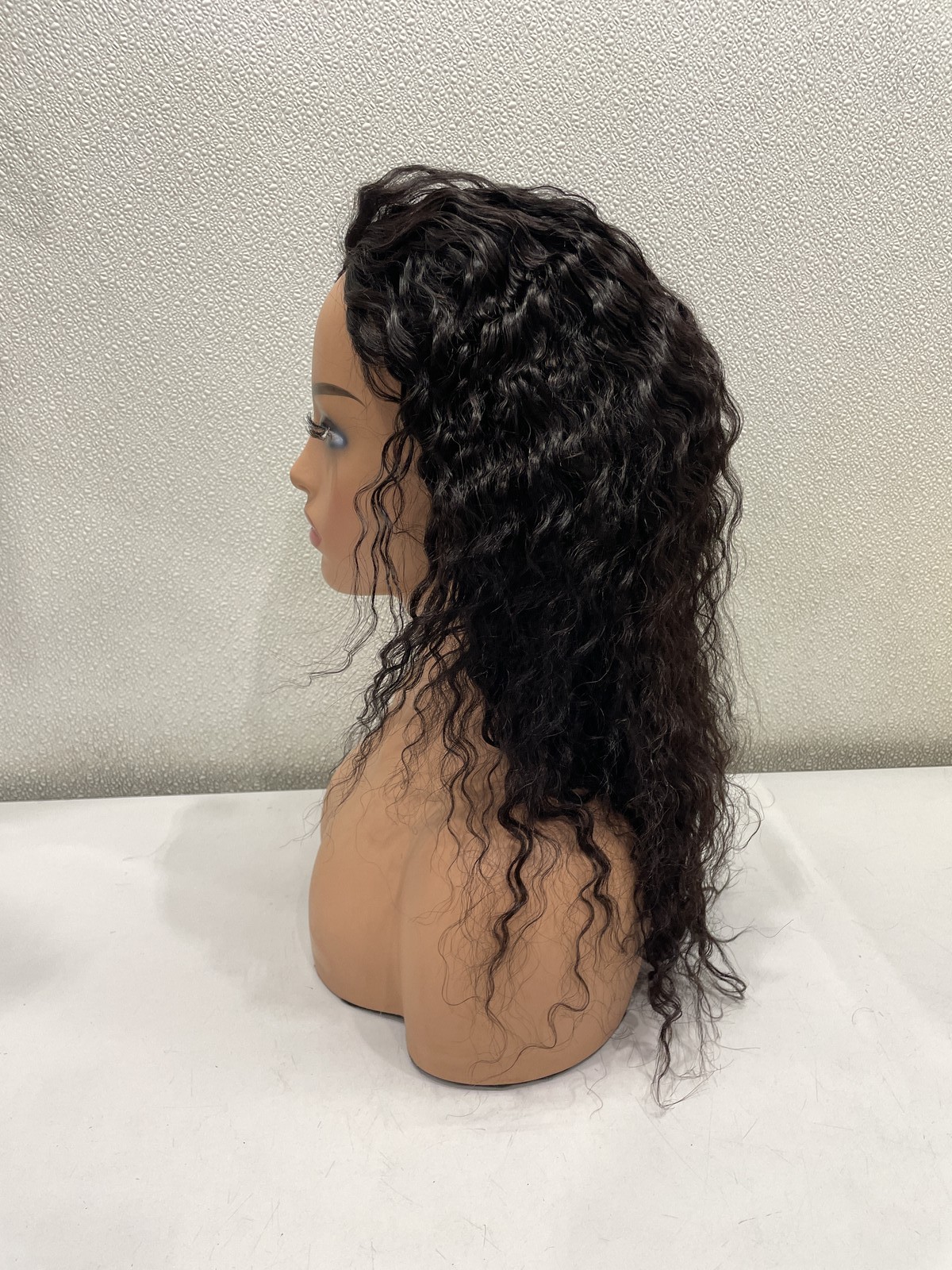 Natural Black Deep Wave Human Hair Blend Glueless Half Wig, 20″