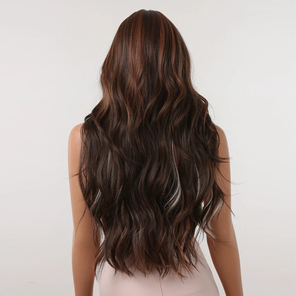 Brown Mixed Red Wig Long Wavy Wigs with Bangs Blonde Cosplay Wig Natural Hair