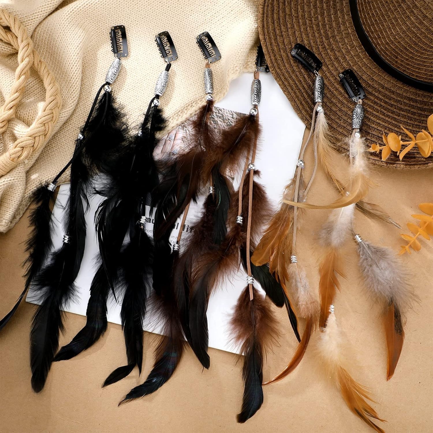 12 Pcs Feather Hair Extensions Colored Clip in Brown, Black, Dark Coffee