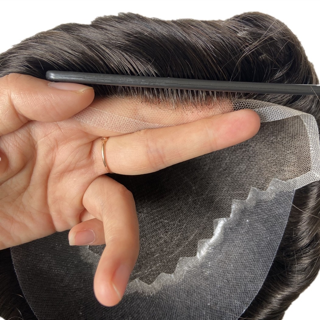 Mens Toupee French Lace Front Thin Skin PU Base Human Hair Replacement Sys #1B