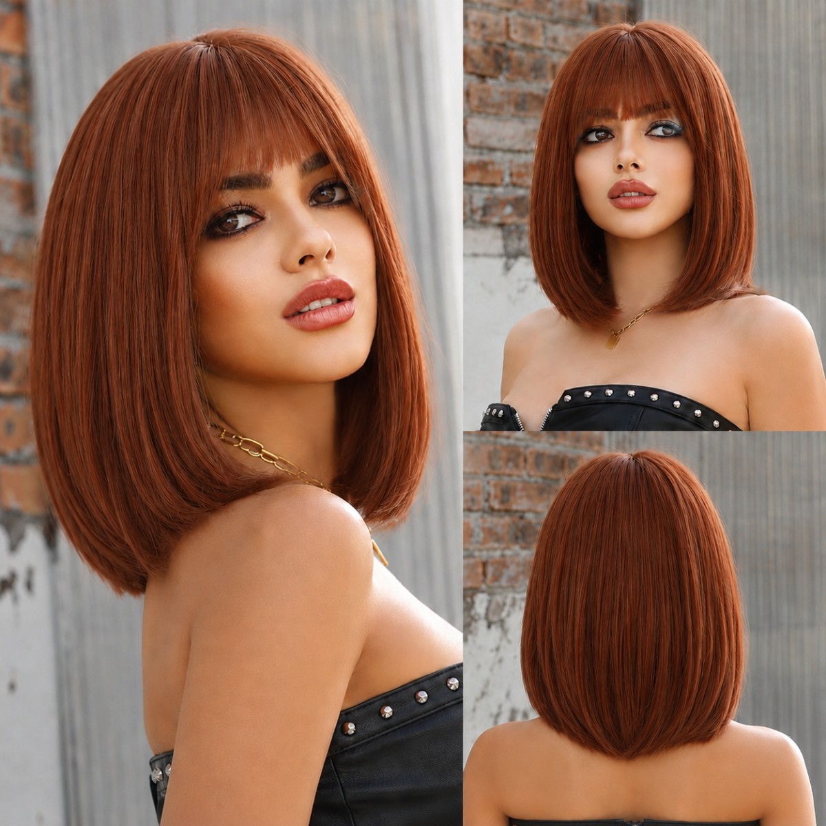 Layered Bob Straight Cosplay Wigs With Fringe Copper Red Heat Resistant Hair