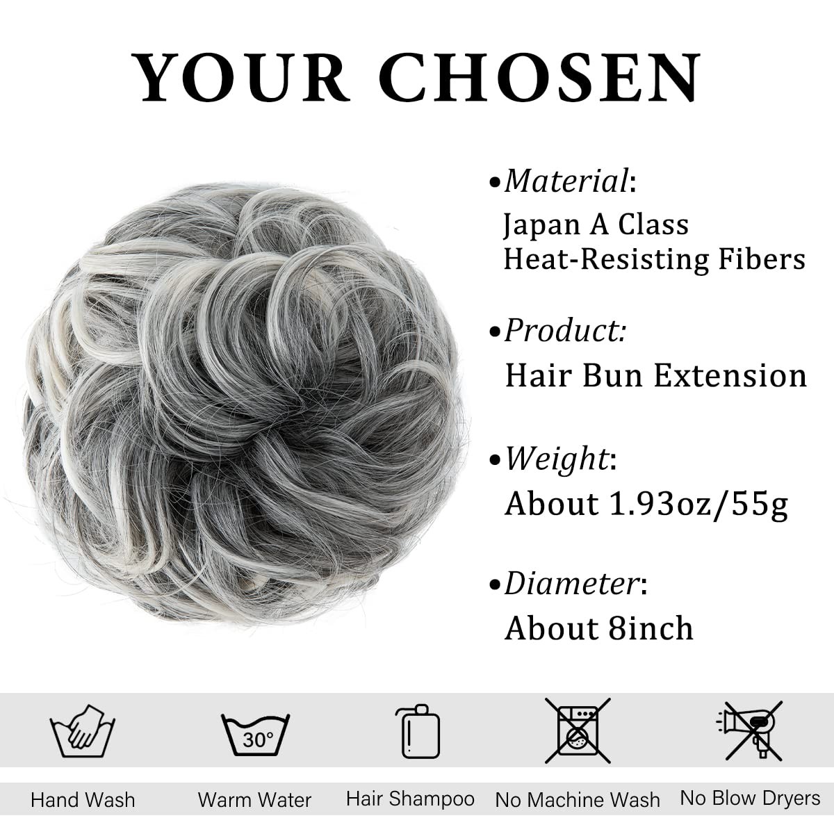 CJL HAIR Large Messy Bun Hair Piece Wavy 1 Count (Pack of 1), Salt and Pepper