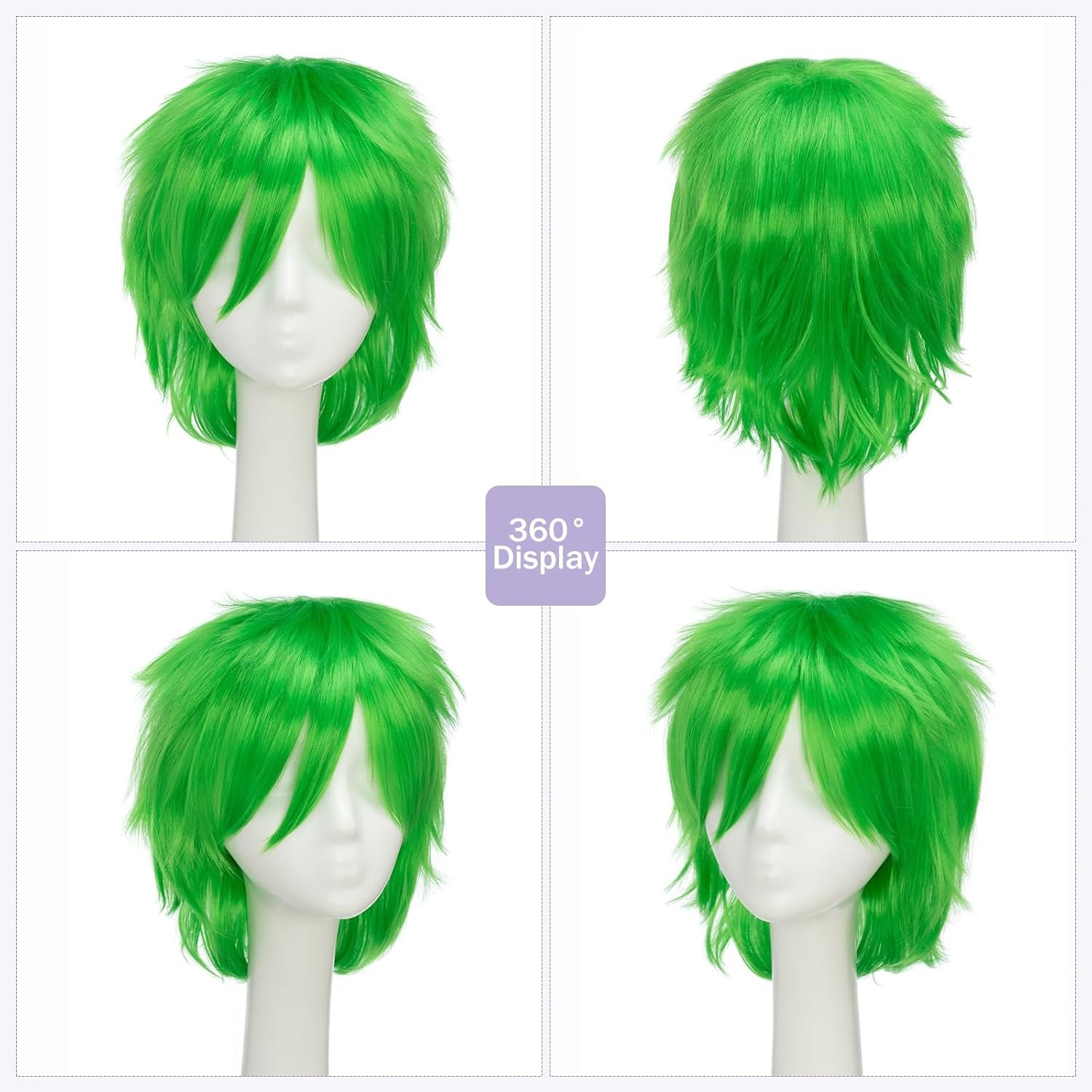 Unisex Short Green Wig Women Men’s Short Layered Fluffy Spiky Wigs with Bangs