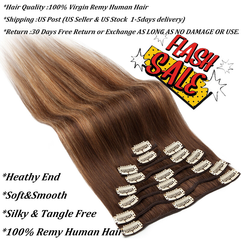 CLEARANCE Clip In Extensions 100% Remy Human Hair Full Head 8Pieces Straight 22″