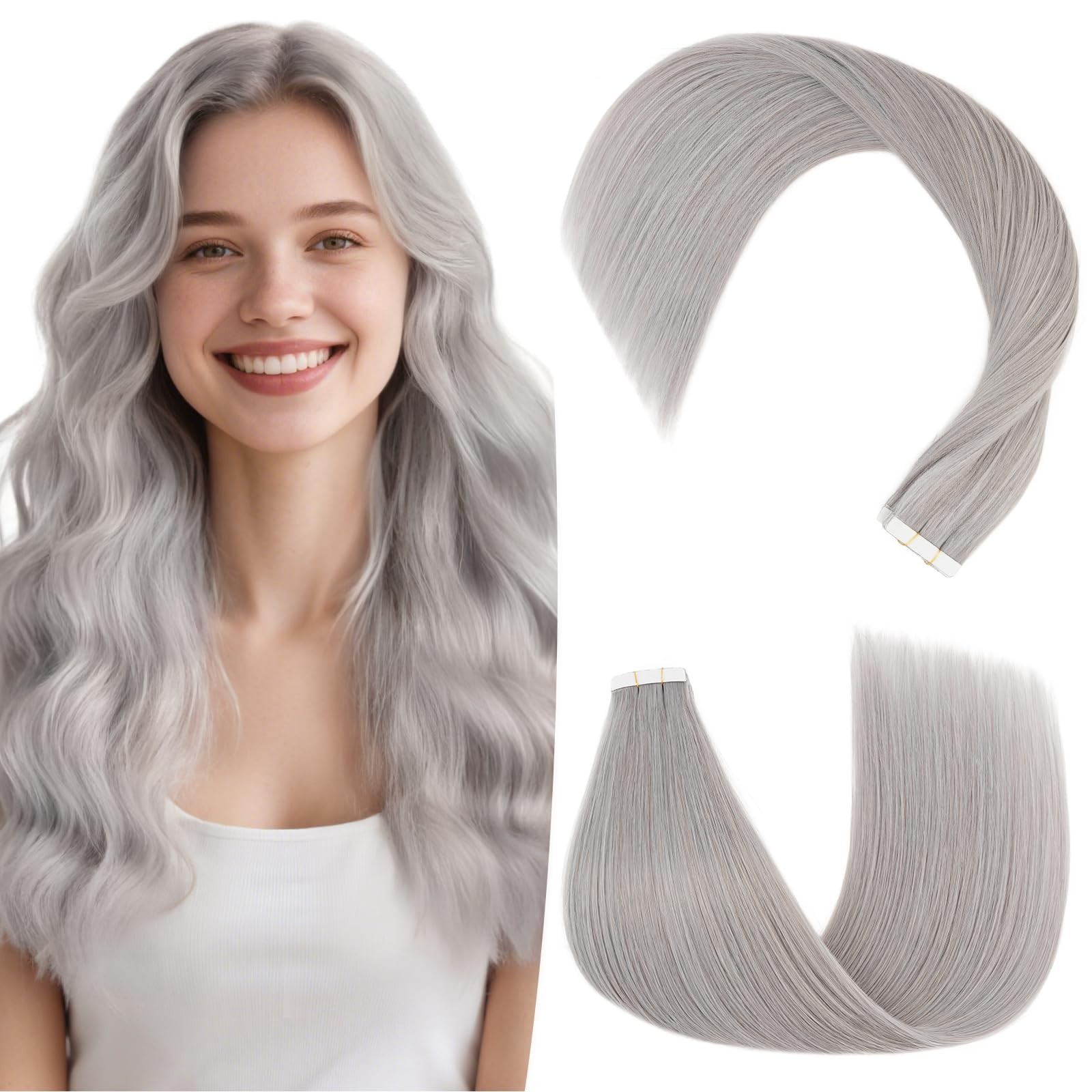 Hairro Tape In Human Hair Extensions For Women 16 Inch 50G 20Pcs Silver