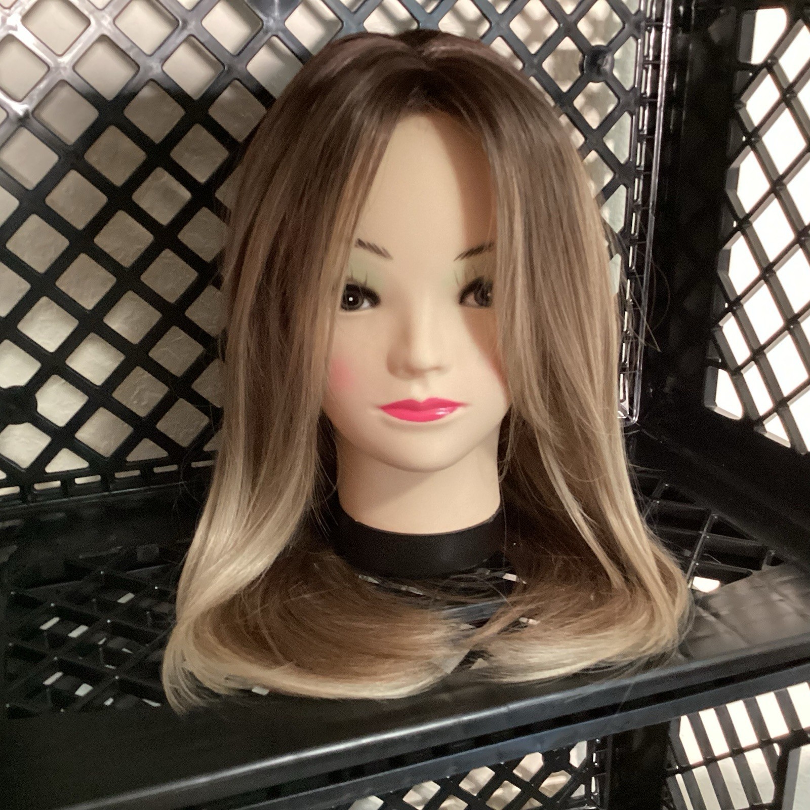 Ash Blond Wig 16” With Bangs Ombré Gradient Dark Roots Rooted Middle Part
