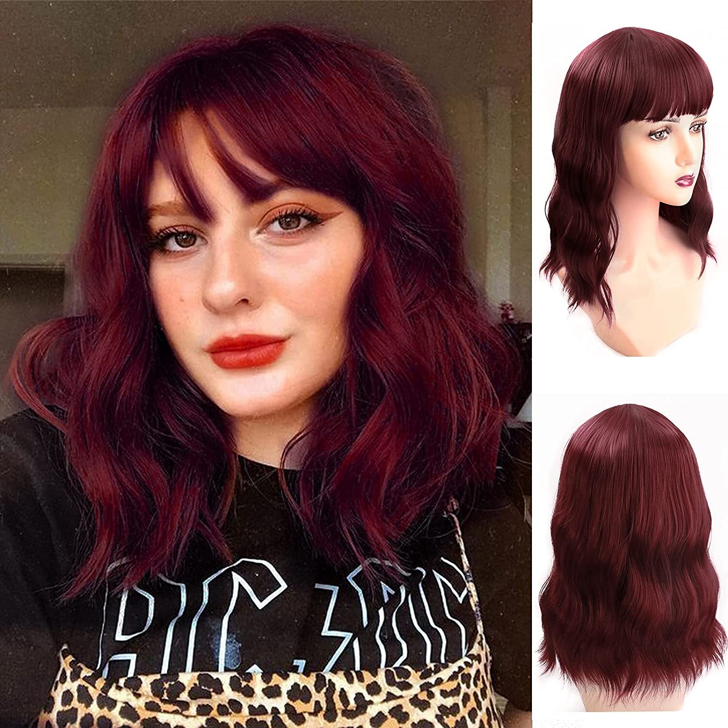 Burgundy Red Wavy Wigs with Bangs for Women Short Curly Bob Wigs with Bangs
