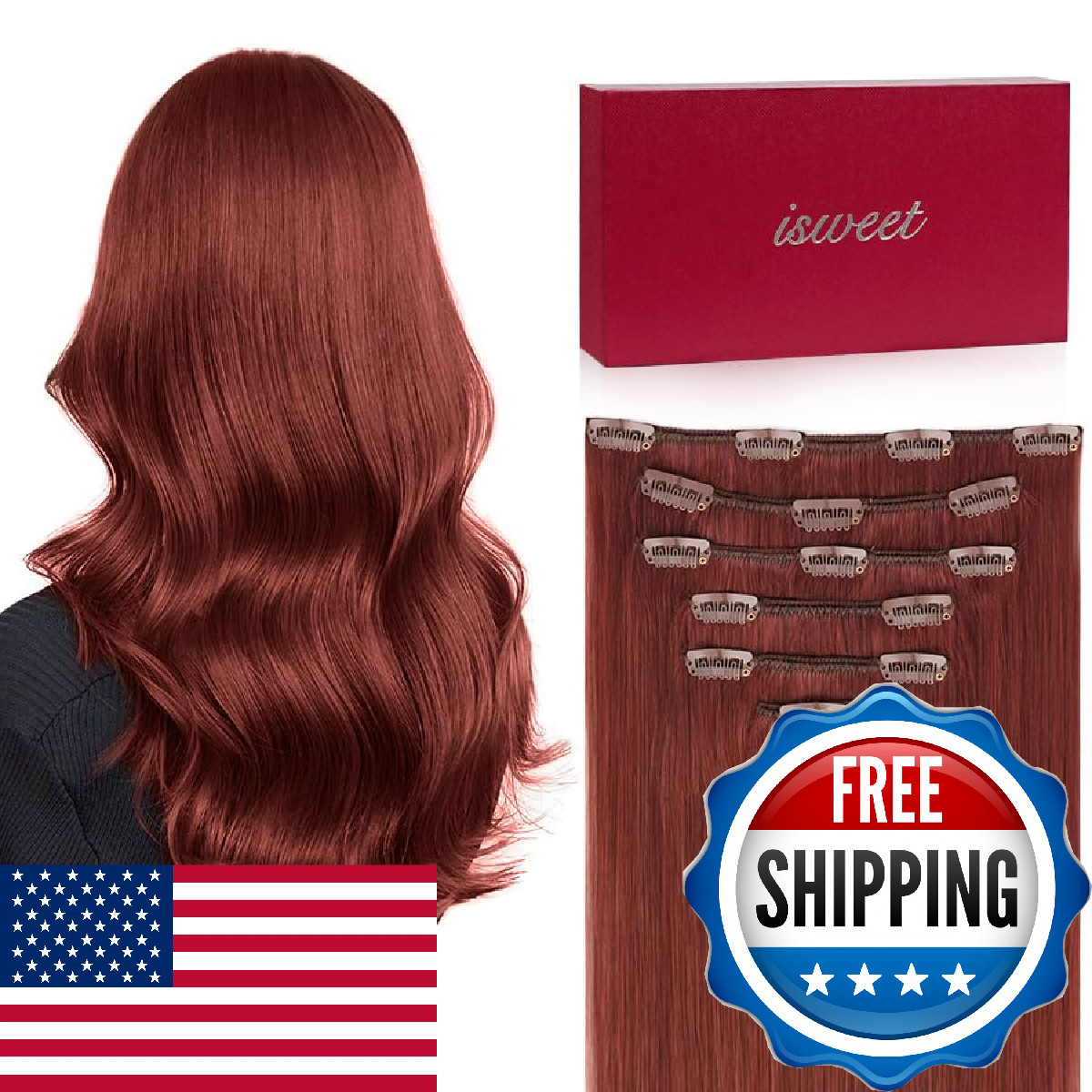 Straight Clip in Hair Extensions Real Human Hair, 7Pcs 14 Inch 95g #33 Auburn Br