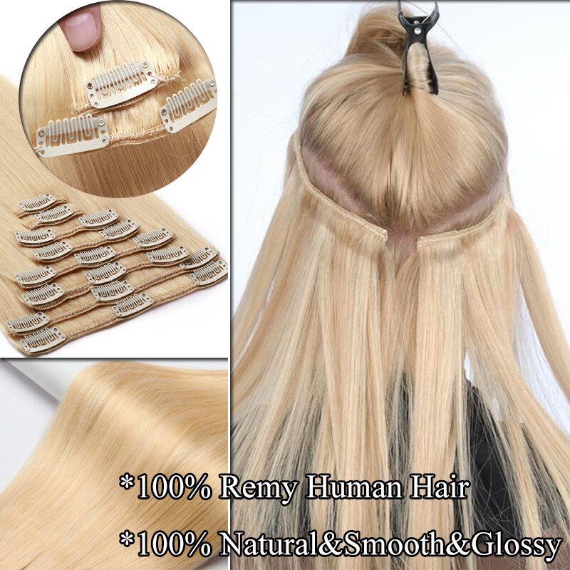 USPS Soft Remy Human Hair Clip in Real Human Hair Extensions Full Head Highlight
