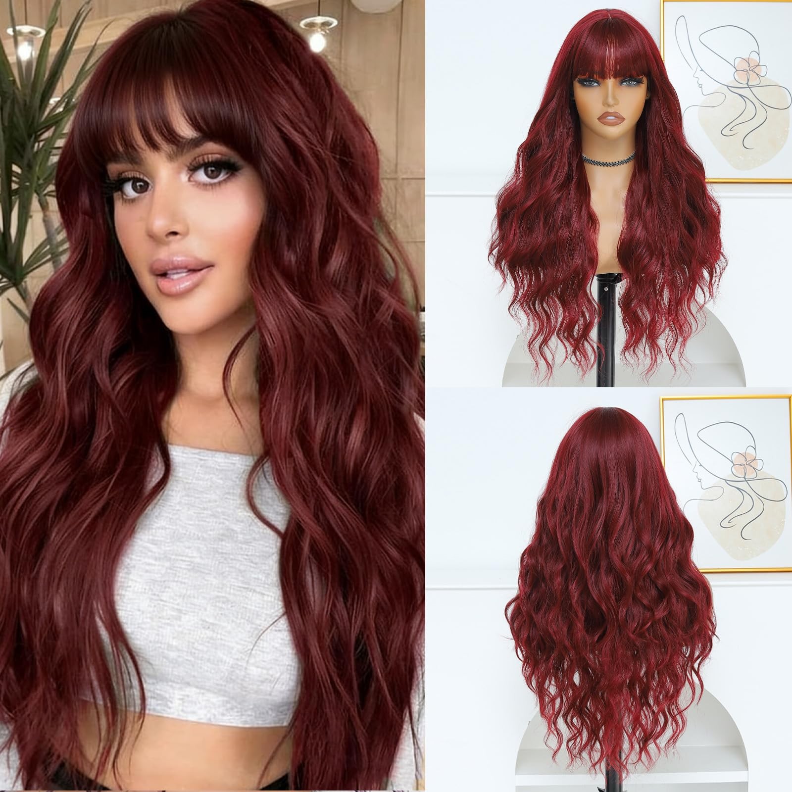 Burgundy Wig for Women, Long Red Wavy Wig with Bangs 26 Inch Wigs Natural Loo…