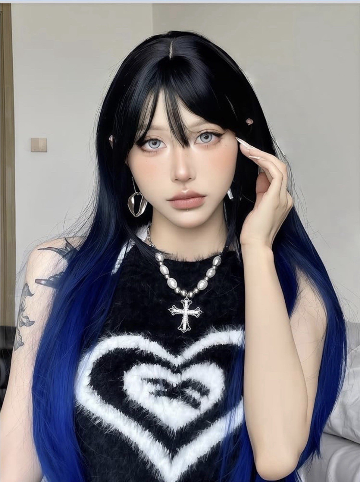 Cos Wig Ombré Blue Black Matte Straight Heat Resist Realistic Scalp + Cap Bangs