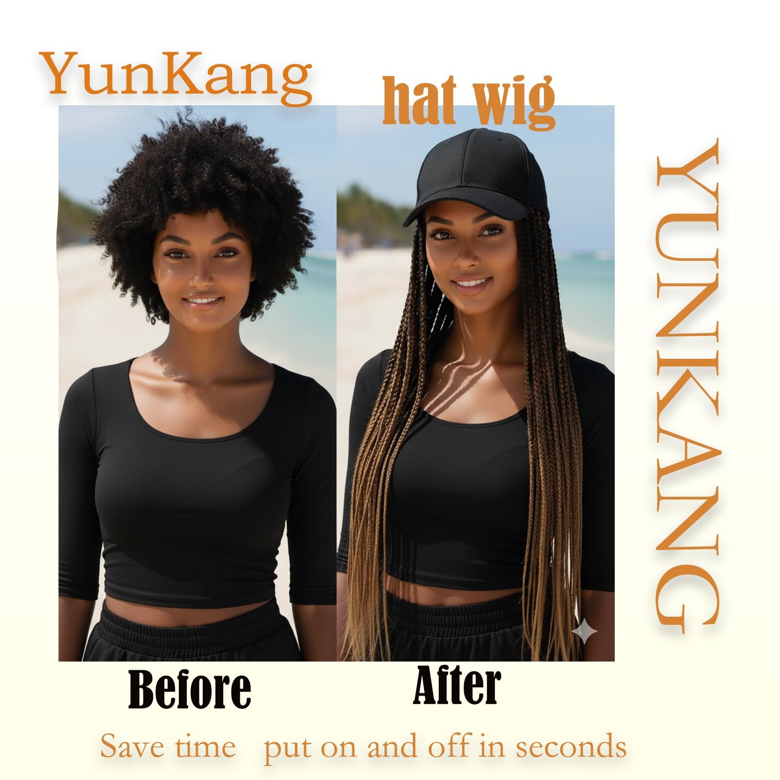 Yunkang Hat Wig for Women Baseball Cap with Braided 24 Inch (Pack of 1), 53