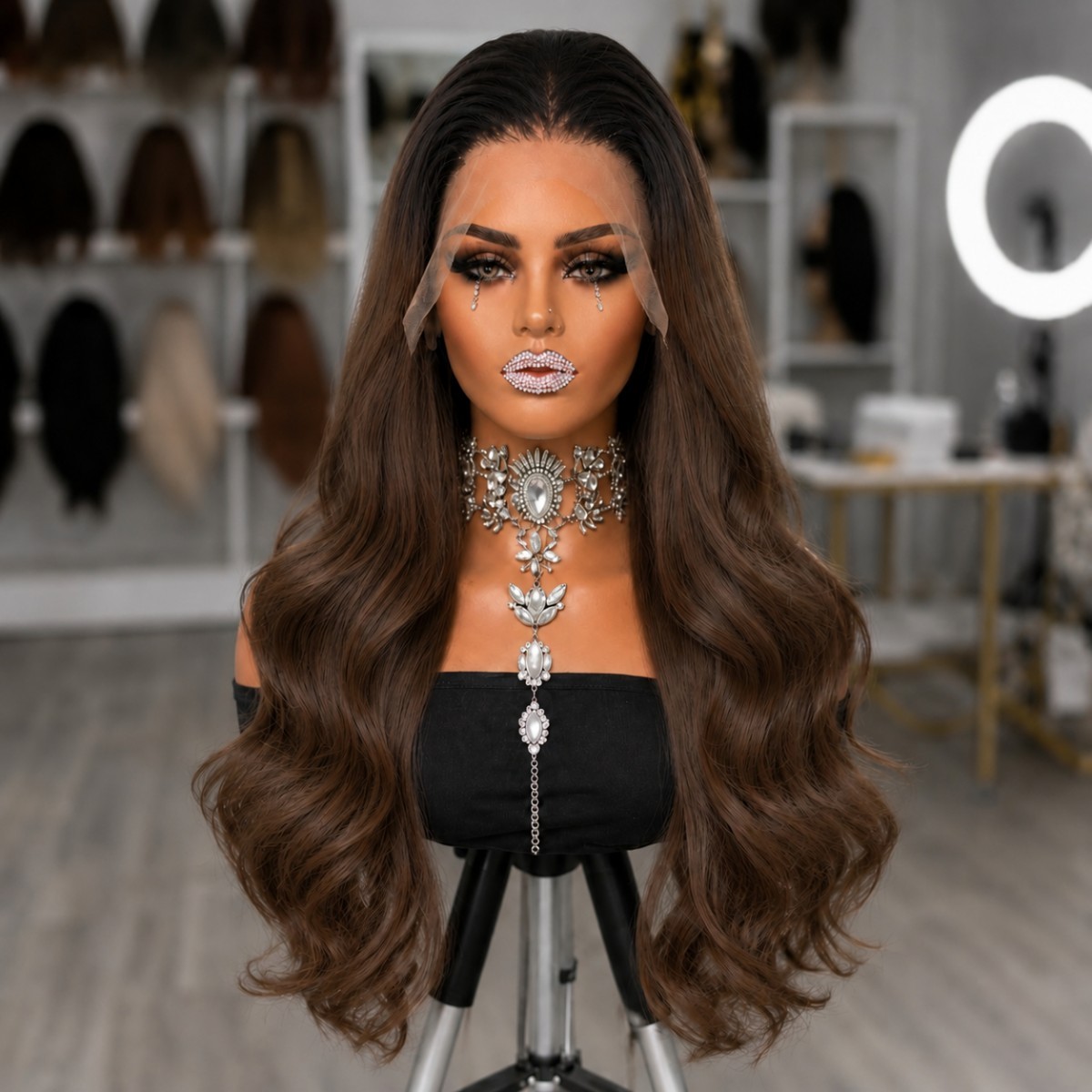 Pre Plucked Synthetic Hair Frontal Lace Wigs Long Wavy Ombre Brown