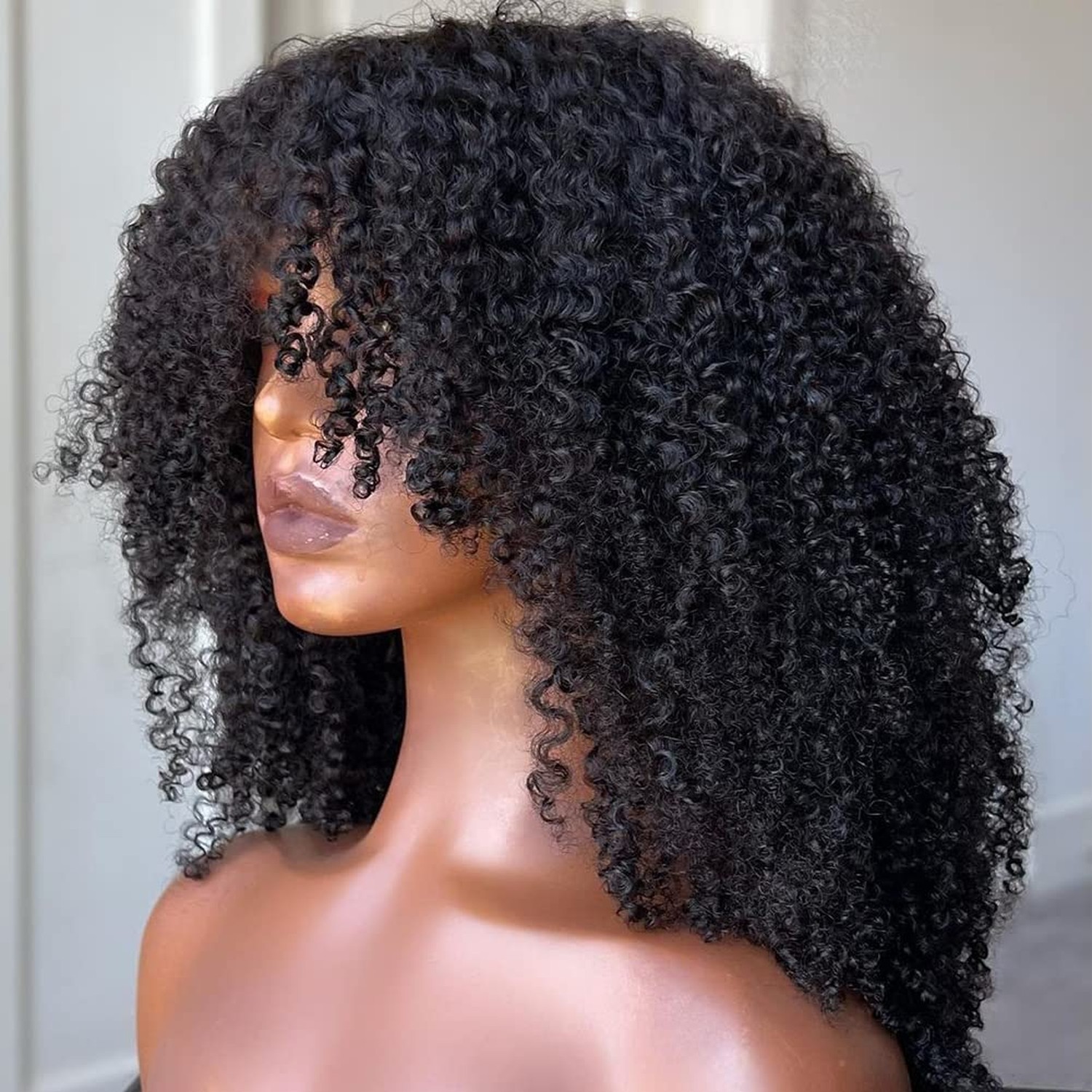 Full 200 Density Afro Kinky Curly Human Hair Wig With Bang Brazilia… Fast Ship