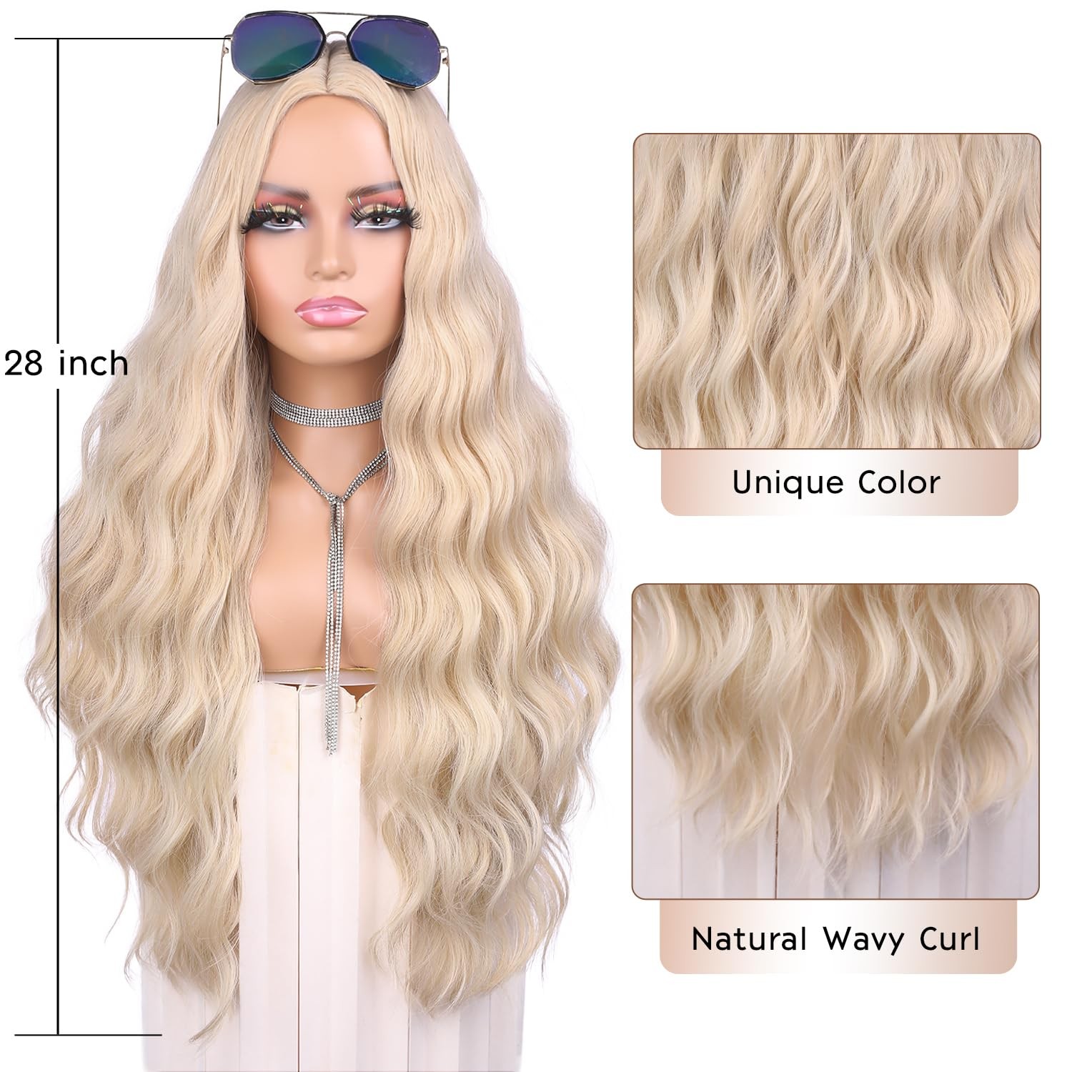 28 Inches Platinum Blonde Wigs Long Blonde Curly Wigs for White Women Long Wa…