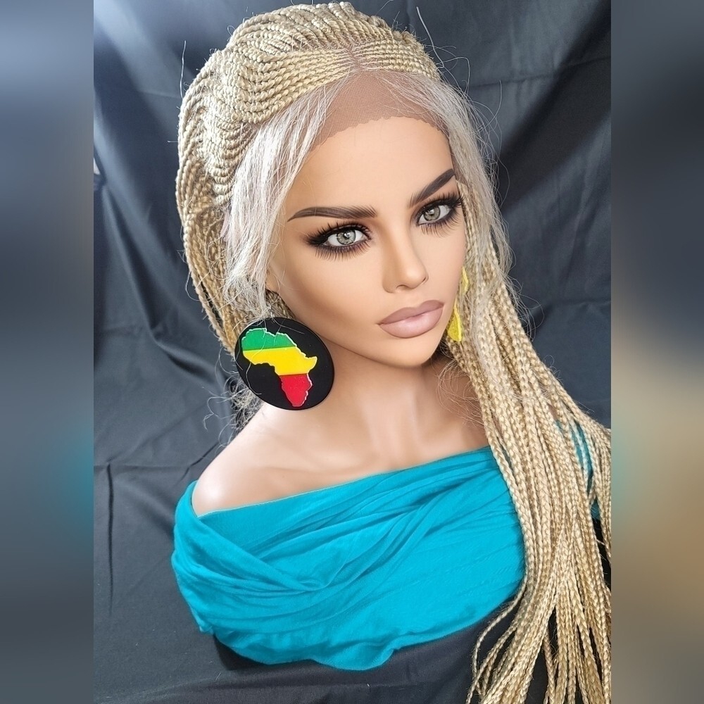 Braided Wig Full Lace 32″ Blonde Ombre Micro Braids Glueless Handmade NWT Long