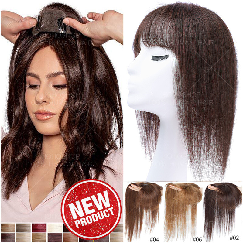 Women 100% Remy Human Hair Mono Topper With Bangs Clip In Hairpiece Toupee Wigs
