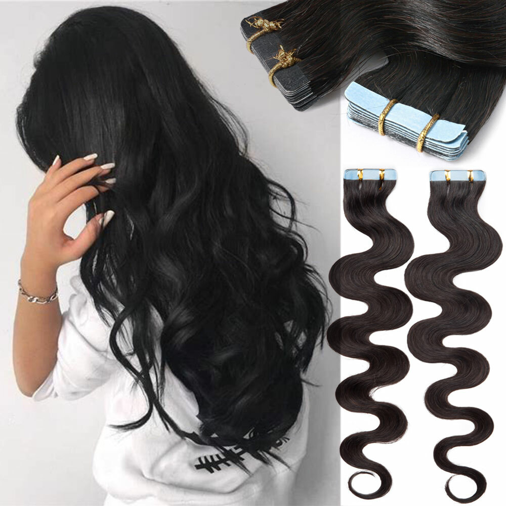 Tape In 100% Remy Human Hair Extensions Invisible Skin Weft Body Wave & Straight