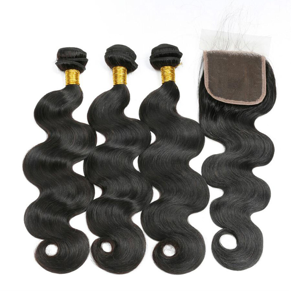100% Human Hair Black color 1B Body Wave 3 Bundles with Closure