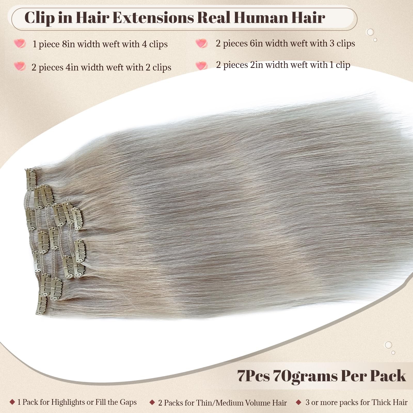 Gray Silver Clip in Hair Extensions 20 Inch 70G Silky Straight Silver Human Hair