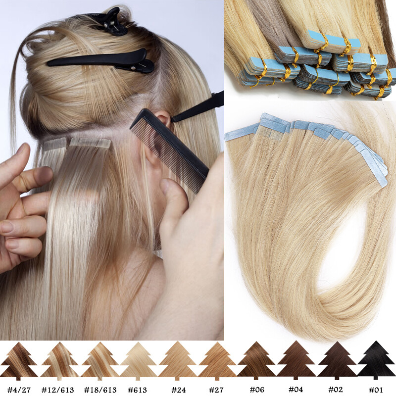 Tape In 100% Russian Thick Human Hair Extensions Tape On Skin Weft Brown 200g US